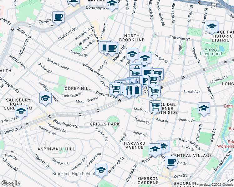 map of restaurants, bars, coffee shops, grocery stores, and more near 24 Winchester Street in Brookline