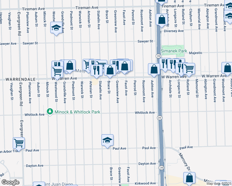 map of restaurants, bars, coffee shops, grocery stores, and more near 6866 Greenview Avenue in Detroit