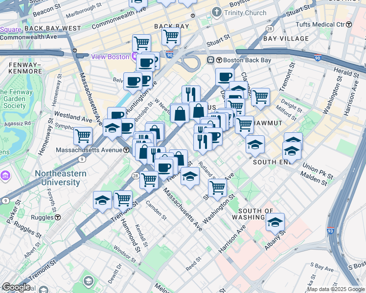 map of restaurants, bars, coffee shops, grocery stores, and more near 32 Rutland Square in Boston