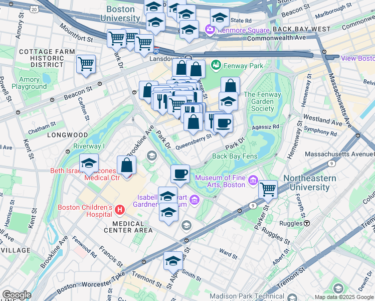 map of restaurants, bars, coffee shops, grocery stores, and more near 105 Queensberry Street in Boston