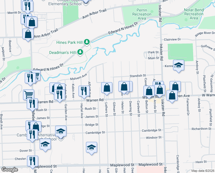 map of restaurants, bars, coffee shops, grocery stores, and more near 7404 Lathers Street in Westland