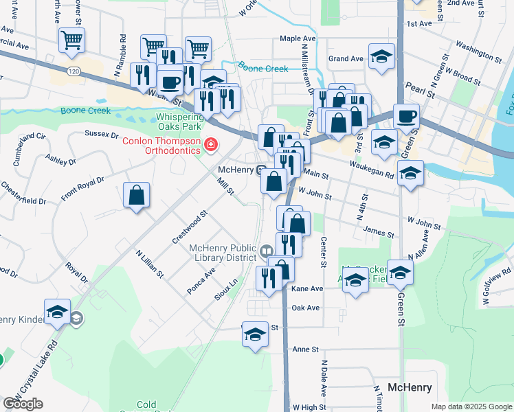 map of restaurants, bars, coffee shops, grocery stores, and more near 721 Mill Street in McHenry