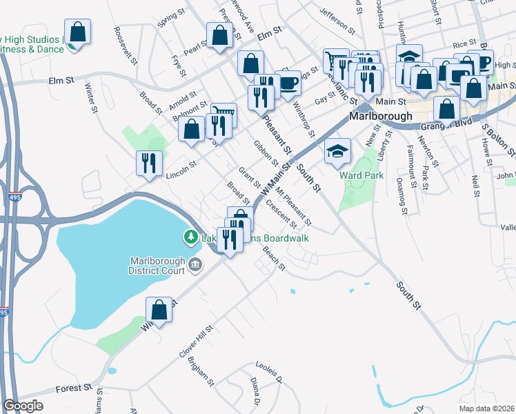 map of restaurants, bars, coffee shops, grocery stores, and more near in Marlborough
