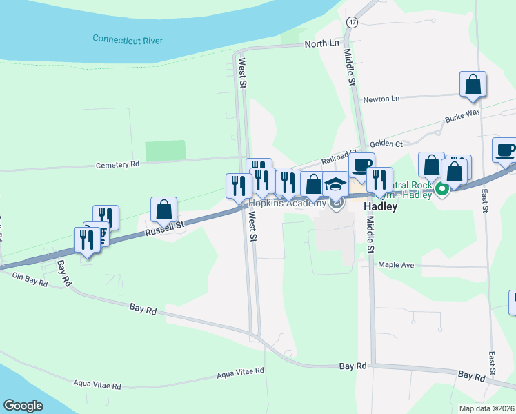 map of restaurants, bars, coffee shops, grocery stores, and more near 100 West Street in Hadley