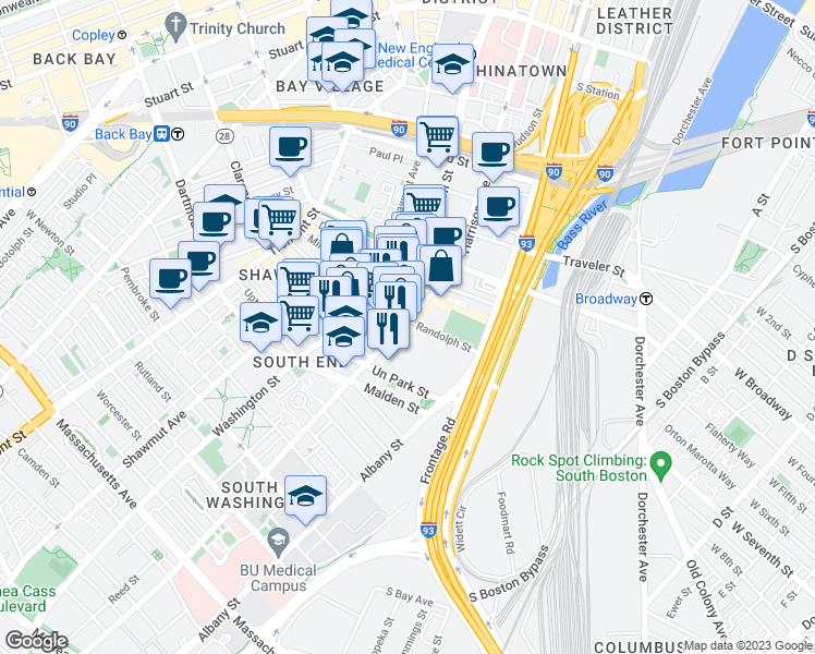 map of restaurants, bars, coffee shops, grocery stores, and more near 522 Harrison Avenue in Boston
