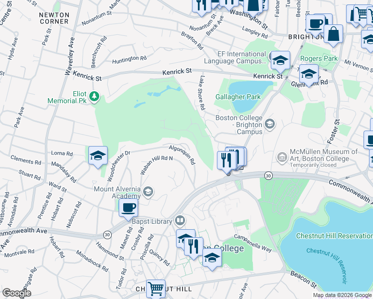 map of restaurants, bars, coffee shops, grocery stores, and more near 71 Algonquin Road in Newton
