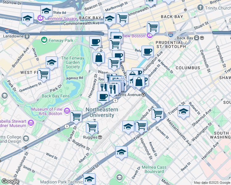 map of restaurants, bars, coffee shops, grocery stores, and more near 77 Saint Stephen Street in Boston
