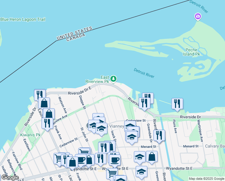 map of restaurants, bars, coffee shops, grocery stores, and more near 8717 Riverside Drive East in Windsor