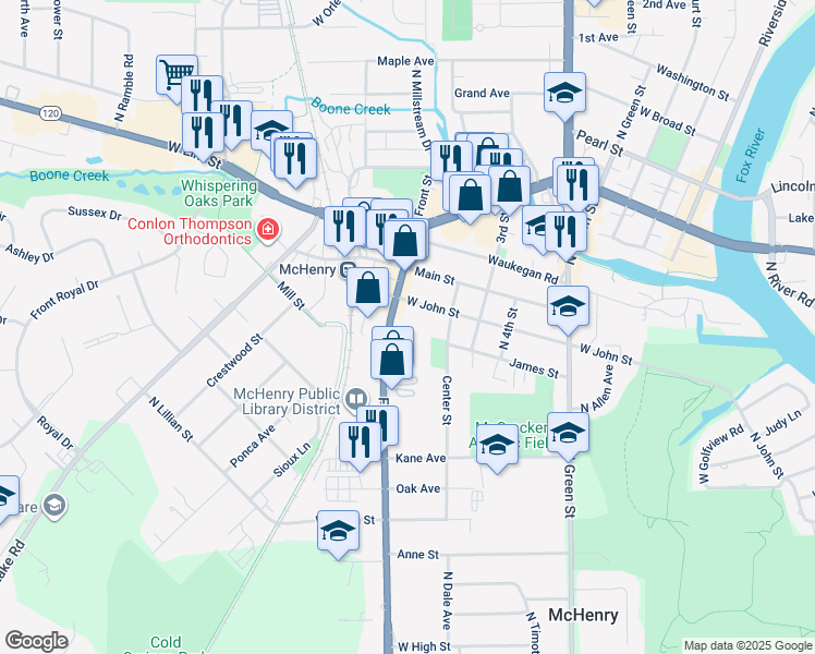 map of restaurants, bars, coffee shops, grocery stores, and more near 924 Front Street in McHenry