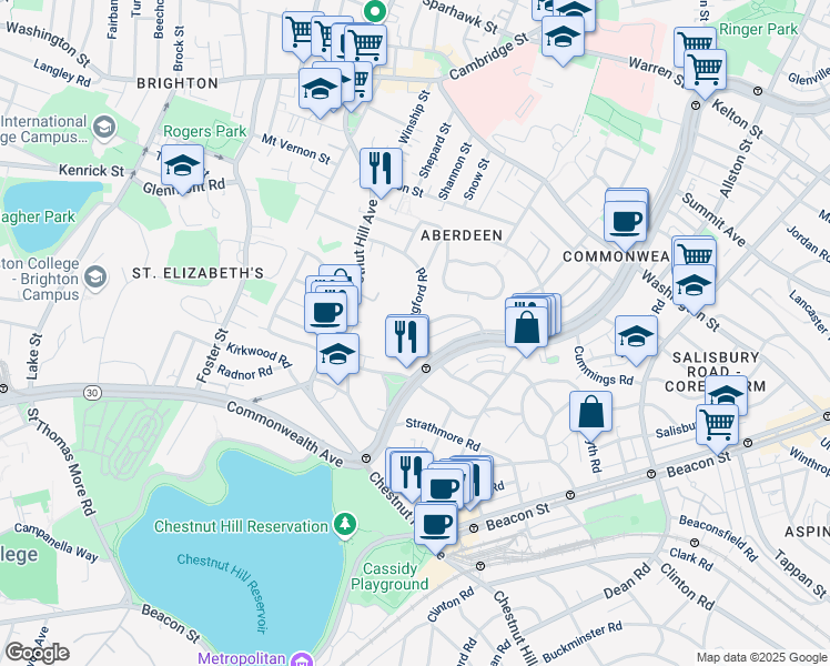 map of restaurants, bars, coffee shops, grocery stores, and more near 59 Leamington Road in Boston