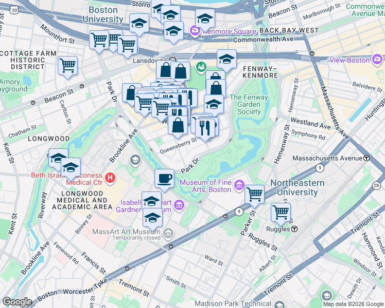 map of restaurants, bars, coffee shops, grocery stores, and more near 58 Queensberry Street in Boston