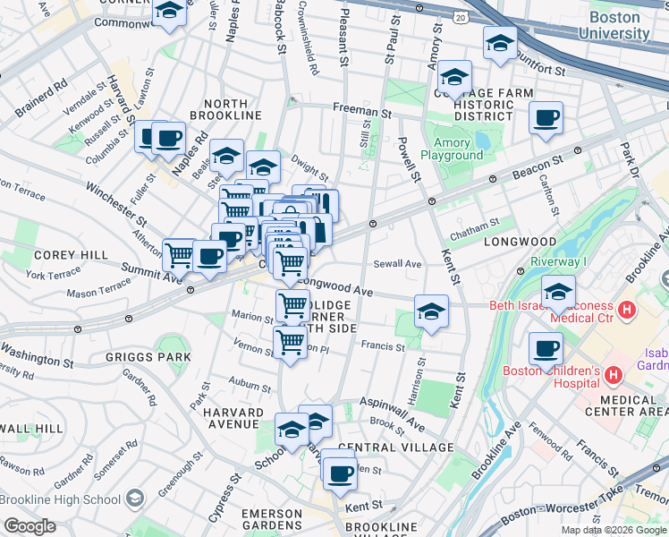 map of restaurants, bars, coffee shops, grocery stores, and more near 50 Sewall Avenue in Brookline