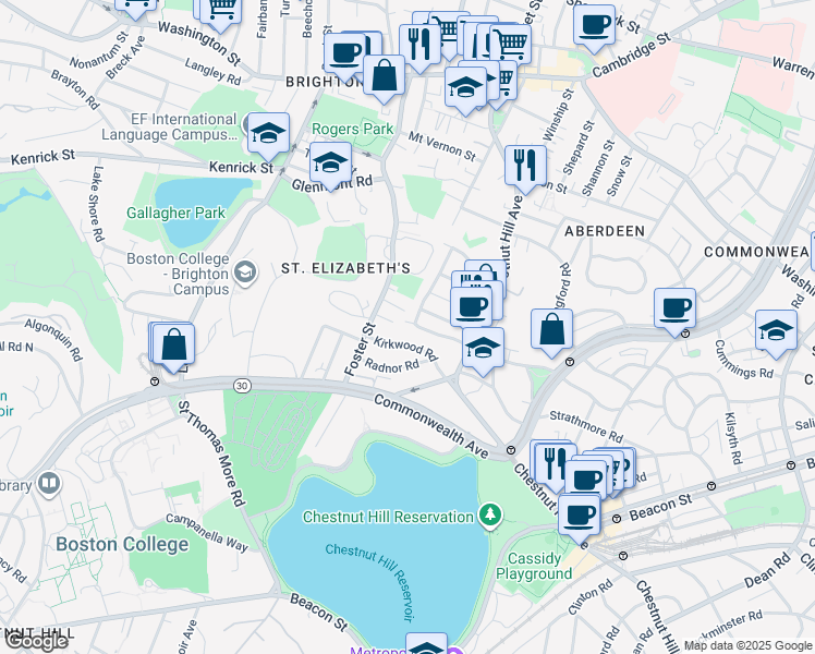 map of restaurants, bars, coffee shops, grocery stores, and more near 201 Chiswick Road in Boston