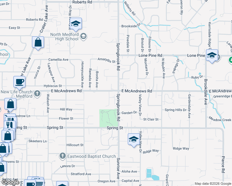 map of restaurants, bars, coffee shops, grocery stores, and more near 2494 East McAndrews Road in Medford