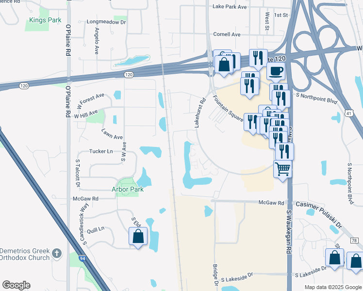 map of restaurants, bars, coffee shops, grocery stores, and more near 524 Lakehurst Road in Waukegan