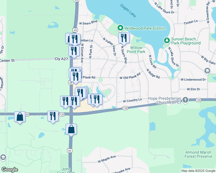 map of restaurants, bars, coffee shops, grocery stores, and more near 1915 Country Drive in Grayslake