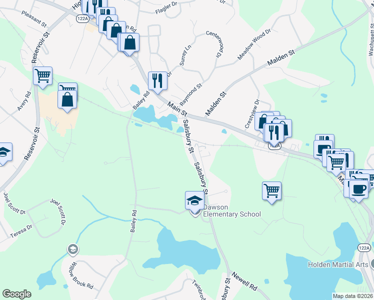 map of restaurants, bars, coffee shops, grocery stores, and more near 54 Salisbury Street in Holden