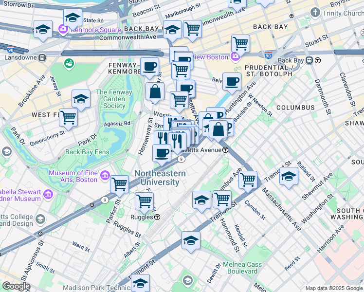 map of restaurants, bars, coffee shops, grocery stores, and more near 52 Gainsborough Street in Boston