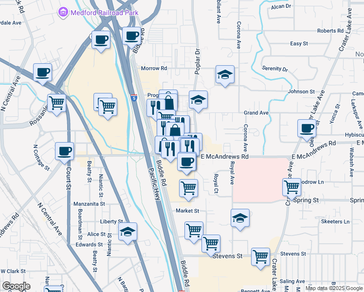 map of restaurants, bars, coffee shops, grocery stores, and more near 1251 East McAndrews Road in Medford