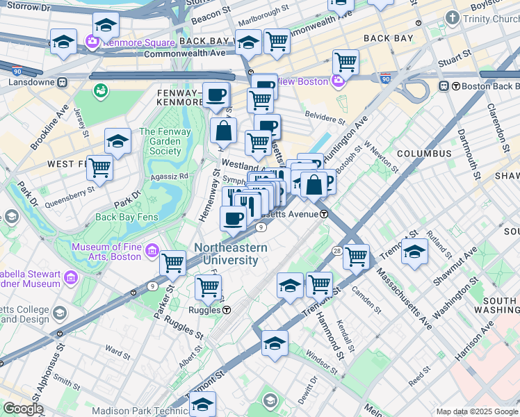 map of restaurants, bars, coffee shops, grocery stores, and more near 52 Gainsborough Street in Boston