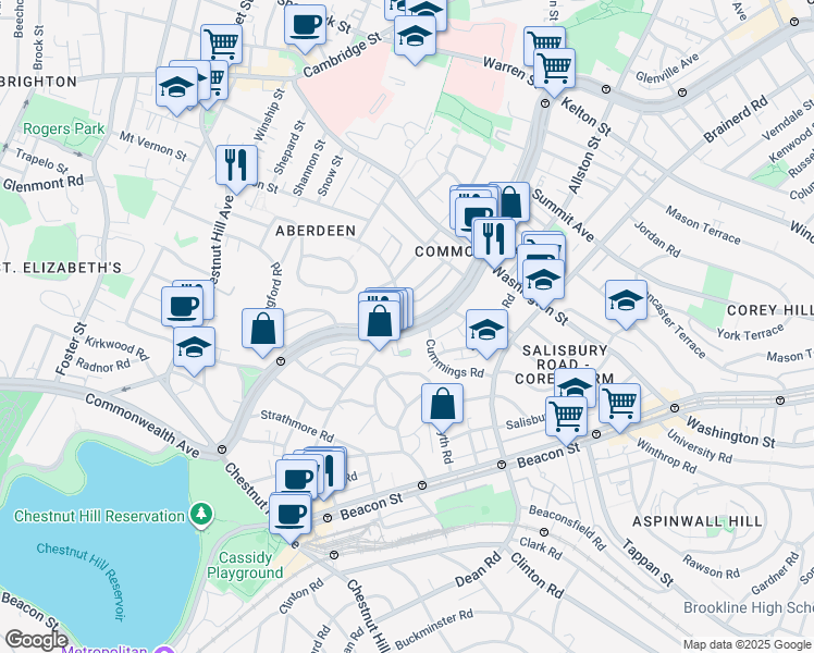 map of restaurants, bars, coffee shops, grocery stores, and more near Commonwealth Avenue & Colborne Rd in Boston
