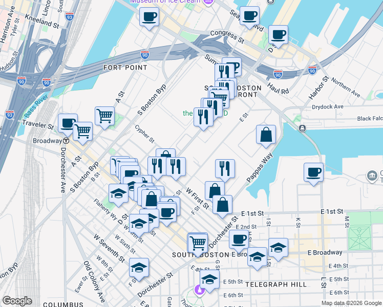 map of restaurants, bars, coffee shops, grocery stores, and more near 371R D Street in Boston