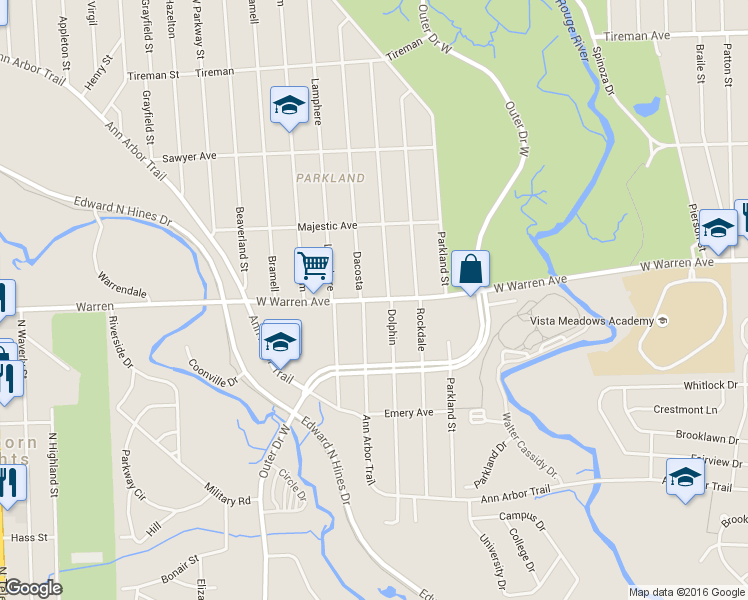 map of restaurants, bars, coffee shops, grocery stores, and more near 22250 W Warren Ave in Detroit