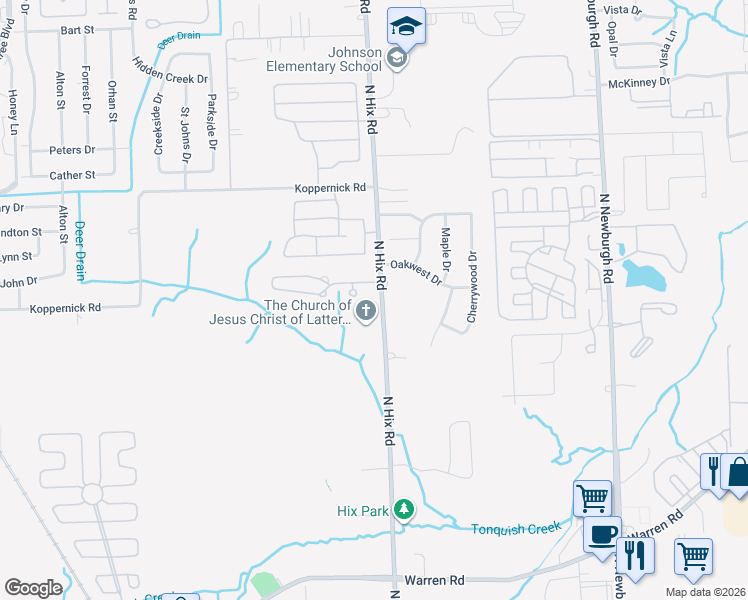 map of restaurants, bars, coffee shops, grocery stores, and more near 7555 North Hix Road in Westland