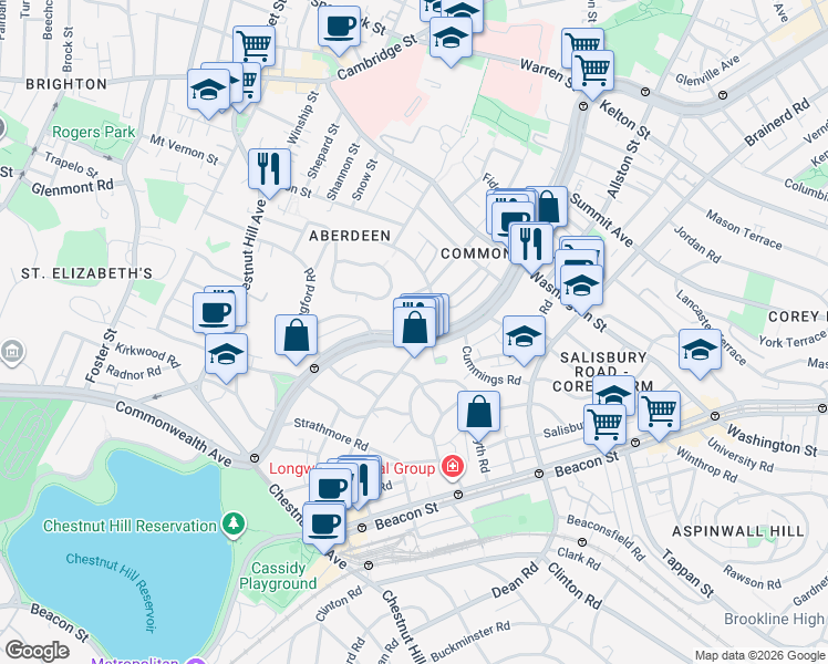 map of restaurants, bars, coffee shops, grocery stores, and more near Commonwealth Avenue & Euston Rd in Boston