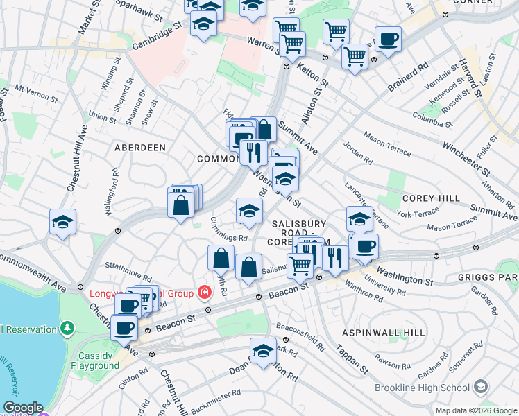 map of restaurants, bars, coffee shops, grocery stores, and more near 19 Mount Hood Road in Boston