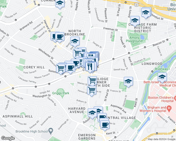map of restaurants, bars, coffee shops, grocery stores, and more near 1335 Beacon Street in Brookline