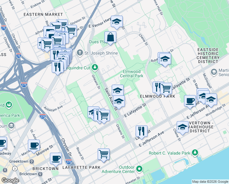 map of restaurants, bars, coffee shops, grocery stores, and more near 1102 Saint Aubin Place in Detroit