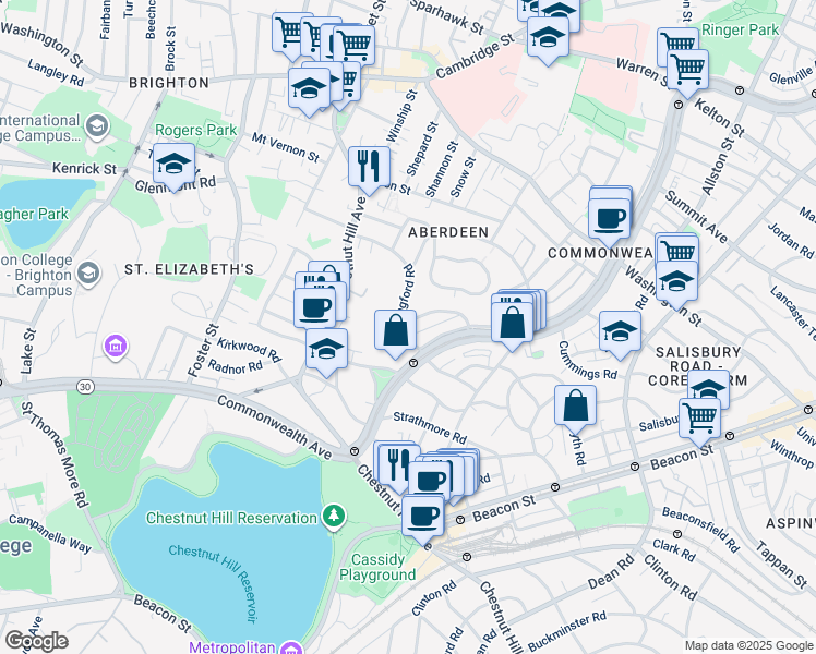 map of restaurants, bars, coffee shops, grocery stores, and more near 46 Leamington Road in Boston