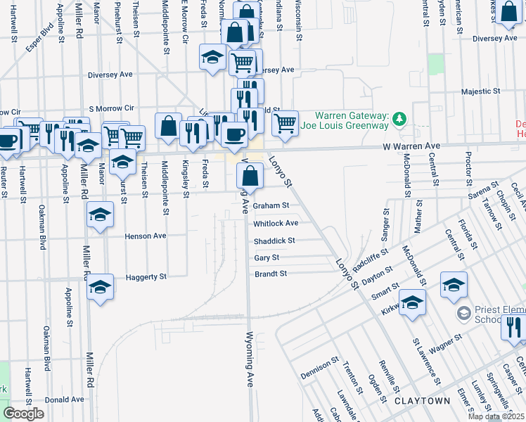 map of restaurants, bars, coffee shops, grocery stores, and more near 8815 Graham Street in Dearborn