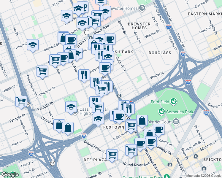 map of restaurants, bars, coffee shops, grocery stores, and more near 2645 Woodward Avenue in Detroit