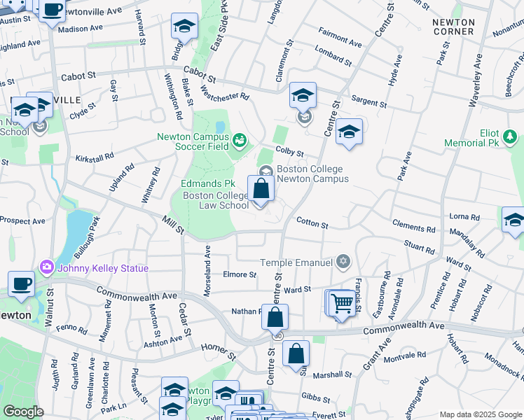 map of restaurants, bars, coffee shops, grocery stores, and more near 885 Centre Street in Newton