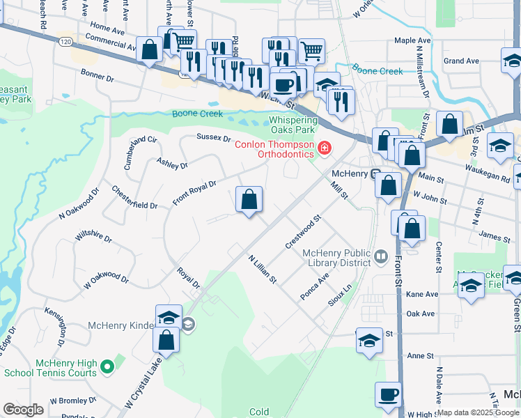 map of restaurants, bars, coffee shops, grocery stores, and more near 907 Woods Street in McHenry