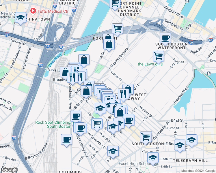 map of restaurants, bars, coffee shops, grocery stores, and more near 154 West 2nd Street in Boston