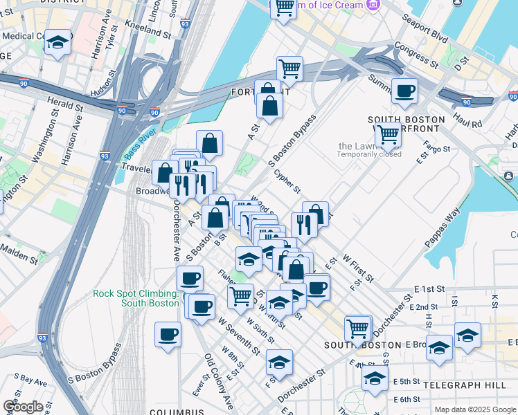 map of restaurants, bars, coffee shops, grocery stores, and more near 154 West 2nd Street in Boston