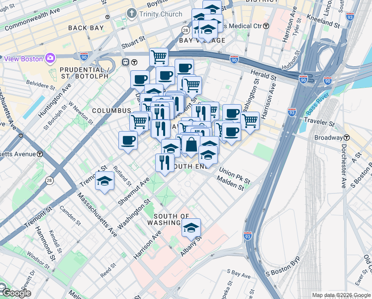 map of restaurants, bars, coffee shops, grocery stores, and more near 7 Upton Street in Boston