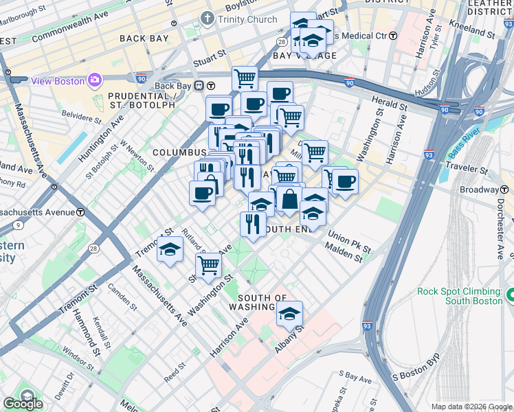 map of restaurants, bars, coffee shops, grocery stores, and more near 57 West Dedham Street in Boston