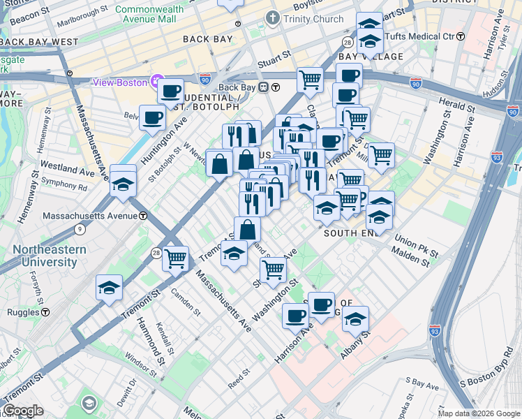 map of restaurants, bars, coffee shops, grocery stores, and more near 83 Pembroke Street in Boston