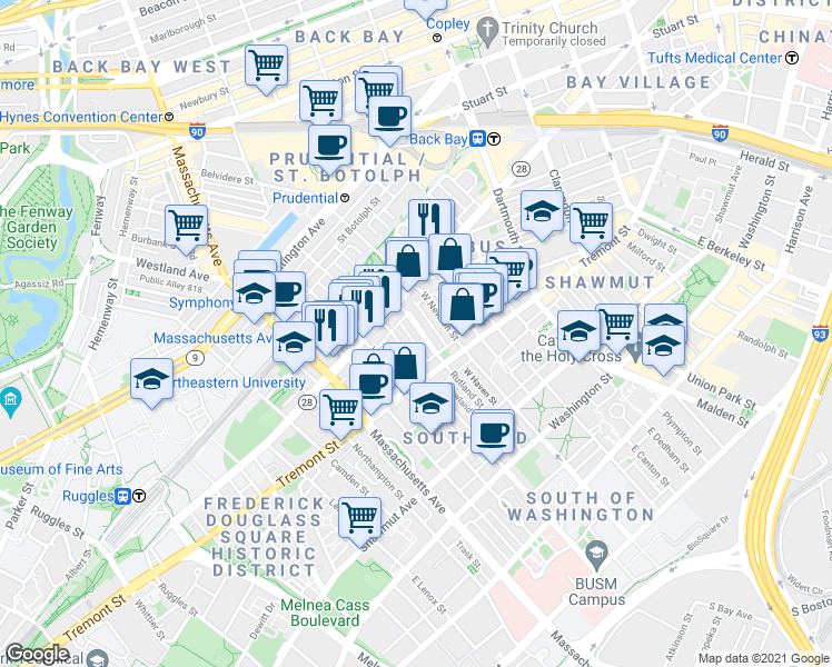 map of restaurants, bars, coffee shops, grocery stores, and more near 43 Public Alley 502 in Boston