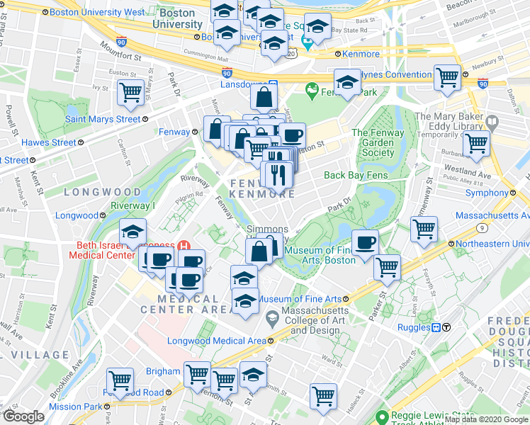 map of restaurants, bars, coffee shops, grocery stores, and more near 105 Queensberry Street in Boston