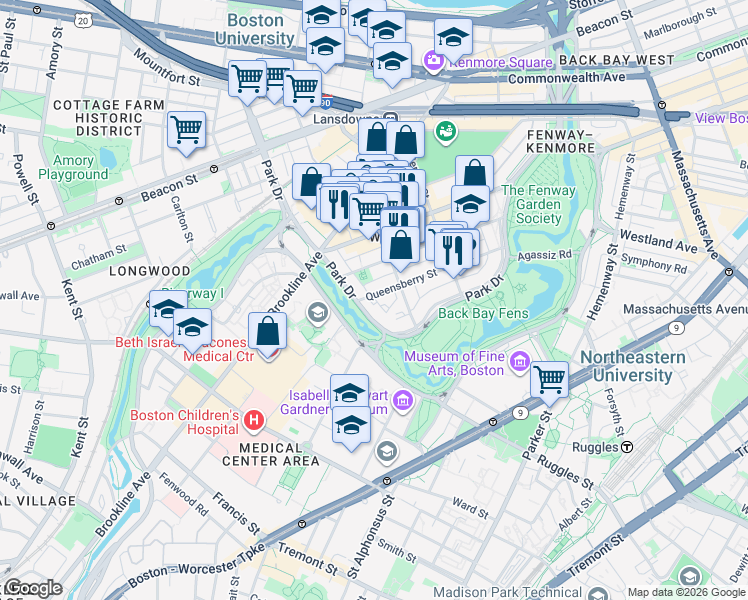map of restaurants, bars, coffee shops, grocery stores, and more near 105 Queensberry Street in Boston