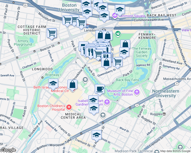 map of restaurants, bars, coffee shops, grocery stores, and more near 231 Park Drive in Boston