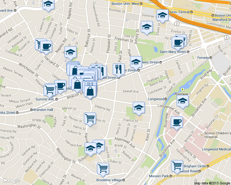 map of restaurants, bars, coffee shops, grocery stores, and more near 76 Sewall Avenue in Brookline