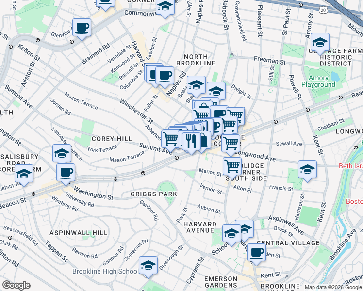 map of restaurants, bars, coffee shops, grocery stores, and more near 24 Winchester Street in Brookline