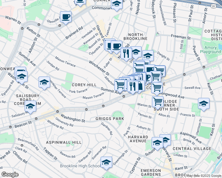 map of restaurants, bars, coffee shops, grocery stores, and more near 28 Atherton Road in Brookline