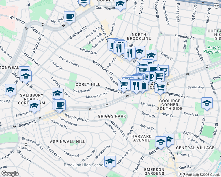 map of restaurants, bars, coffee shops, grocery stores, and more near 138 Mason Terrace in Brookline